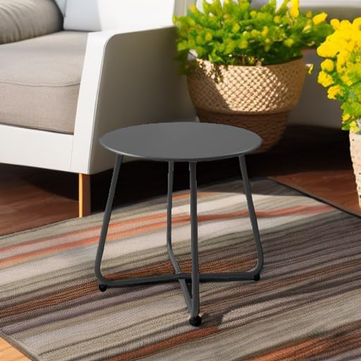 Patio Small Side Table Waterproof Round Metal Steel Weather Resistant Portable Outdoor and Indoor End Table for Garden Balcony Yard, Black
