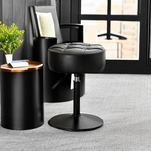 LUE BONA Adjustable Vanity Stool, 360°Swivel Vanity Chair for Makeup Room, Black Stool Chair for Vanity, Small Faux Leather Vanity Stools for Bathroom, Living Room