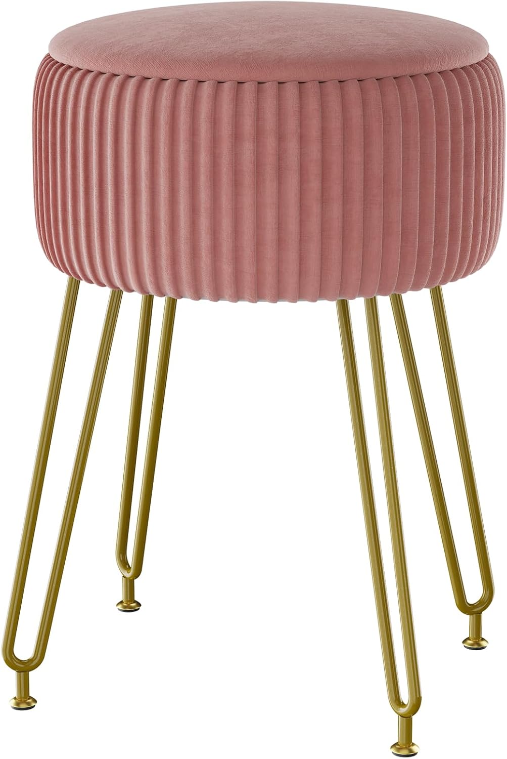 IBUYKE Velvet Round Footrest Ottoman, Makeup Vanity Stool Side Table, Velvet Dressing Table Seat, Pouf Couch Stool, Golden Steel Legs, Pink LG-30P
