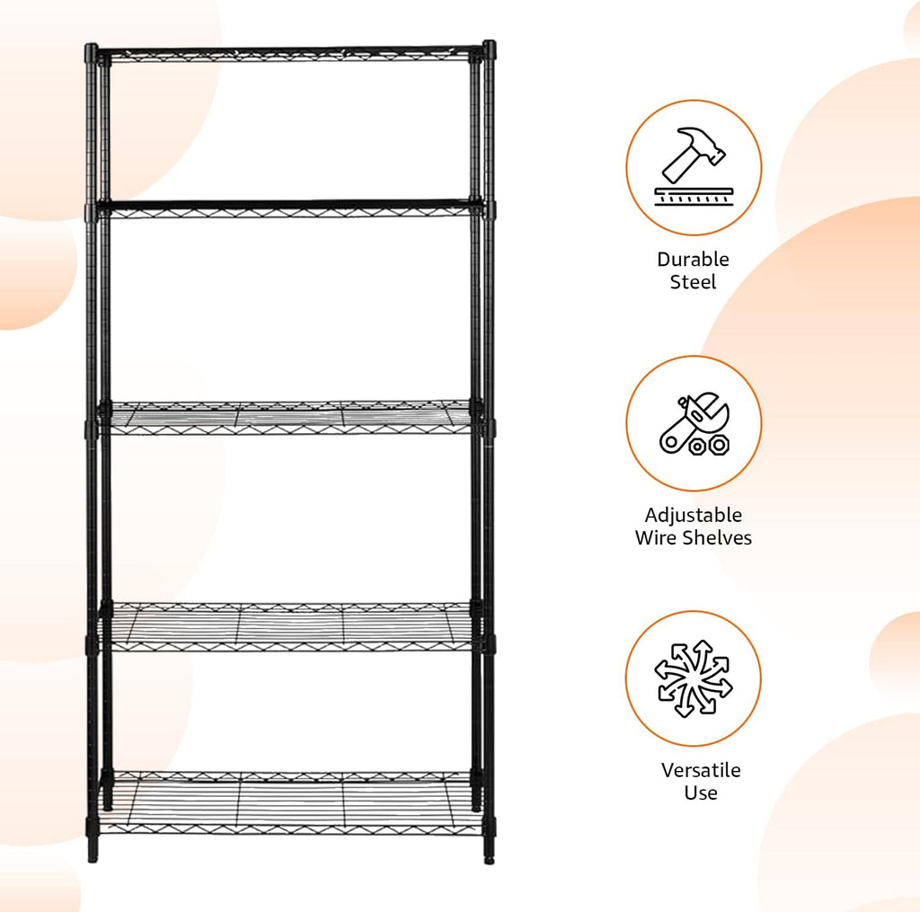 Amazon Basics 5-Shelf Adjustable Heavy Duty Steel Wire Rack Storage Shelving Organizer for Kitchen, Garage, 36" L x 14" W x 72" H, Black