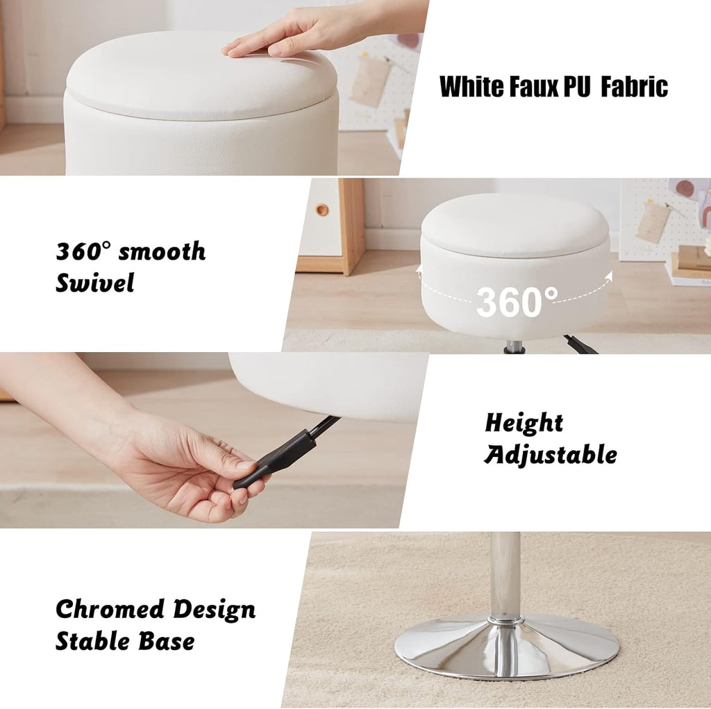 Adjustable Ottoman Stool White Vanity Stool Vanity Chair for Makeup Room Stool Chair for Vanity Stool with Storage Makeup Stools with Storage Swivel Makeup Chair for Bathroom Faux Leather