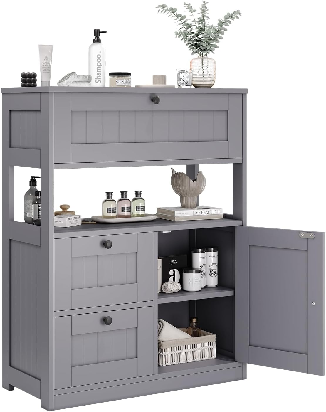 Storage Cabinet with Rattan Decor Doors & Drawer, Modern Bathroom Floor Storage Cabinet Organizer, Freestanding Cupboard for Kitchen/Living Room Use