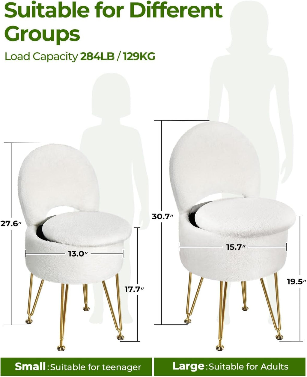 GREENSTELL Small Vanity Stool Chair with Storage and Folding Back, 13" x 13" x 17.7" Faux Fur Soft Ottoman for Teenager, 4 Metal Legs with Anti-Slip Feet, Furry Padded Seat for Makeup, Bedroom, White