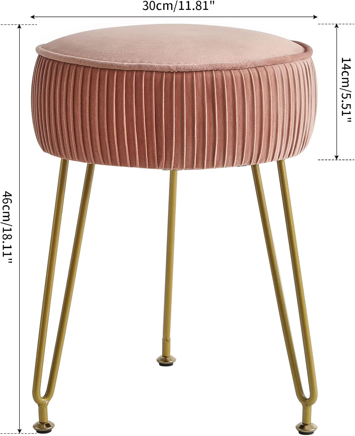 IBUYKE Velvet Round Footrest Ottoman, Makeup Vanity Stool Side Table, Velvet Dressing Table Seat, Pouf Couch Stool, Golden Steel Legs, Pink LG-30P