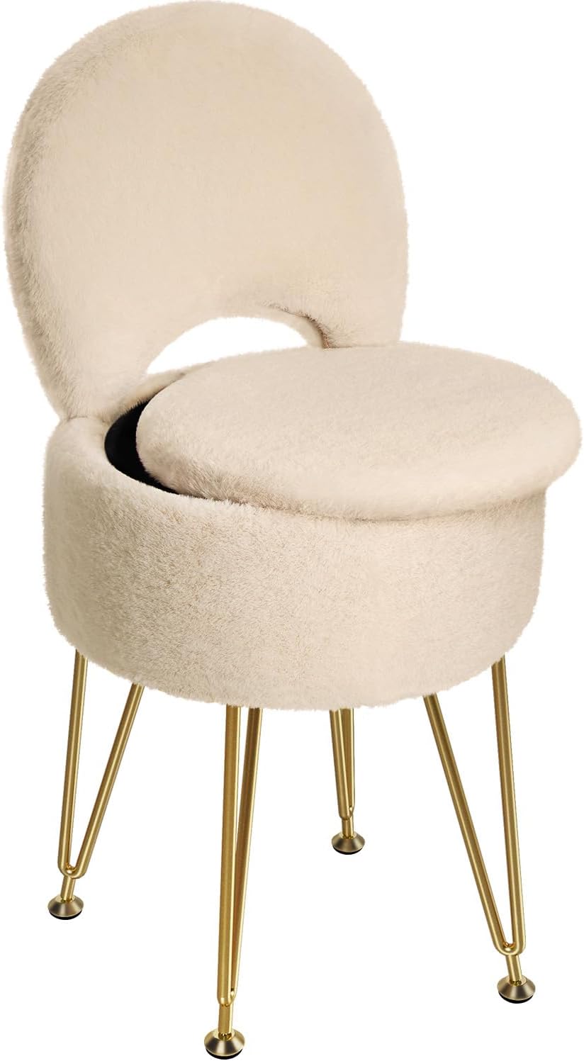 GREENSTELL Small Vanity Stool Chair with Storage and Folding Back, 13" x 13" x 17.7" Faux Fur Soft Ottoman for Teenager, 4 Metal Legs with Anti-Slip Feet, Furry Padded Seat for Makeup, Bedroom, White
