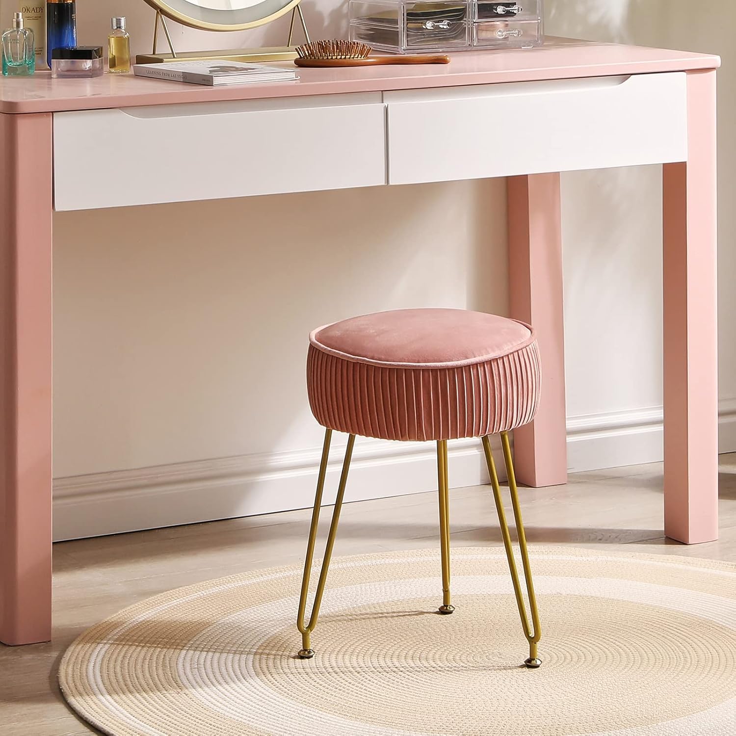 IBUYKE Velvet Round Footrest Ottoman, Makeup Vanity Stool Side Table, Velvet Dressing Table Seat, Pouf Couch Stool, Golden Steel Legs, Pink LG-30P