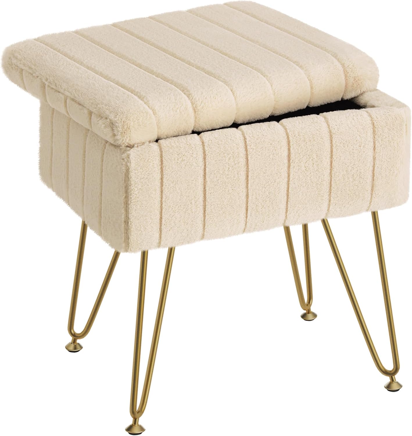 Greenstell Vanity Stool Chair Faux Fur with Storage, 15.7"L x 11.8"W x 19.4"H Soft Ottoman 4 Metal Legs with Anti-Slip Feet, Furry Padded Seat, Modern Multifunctional Chairs for Makeup, Bedroom White