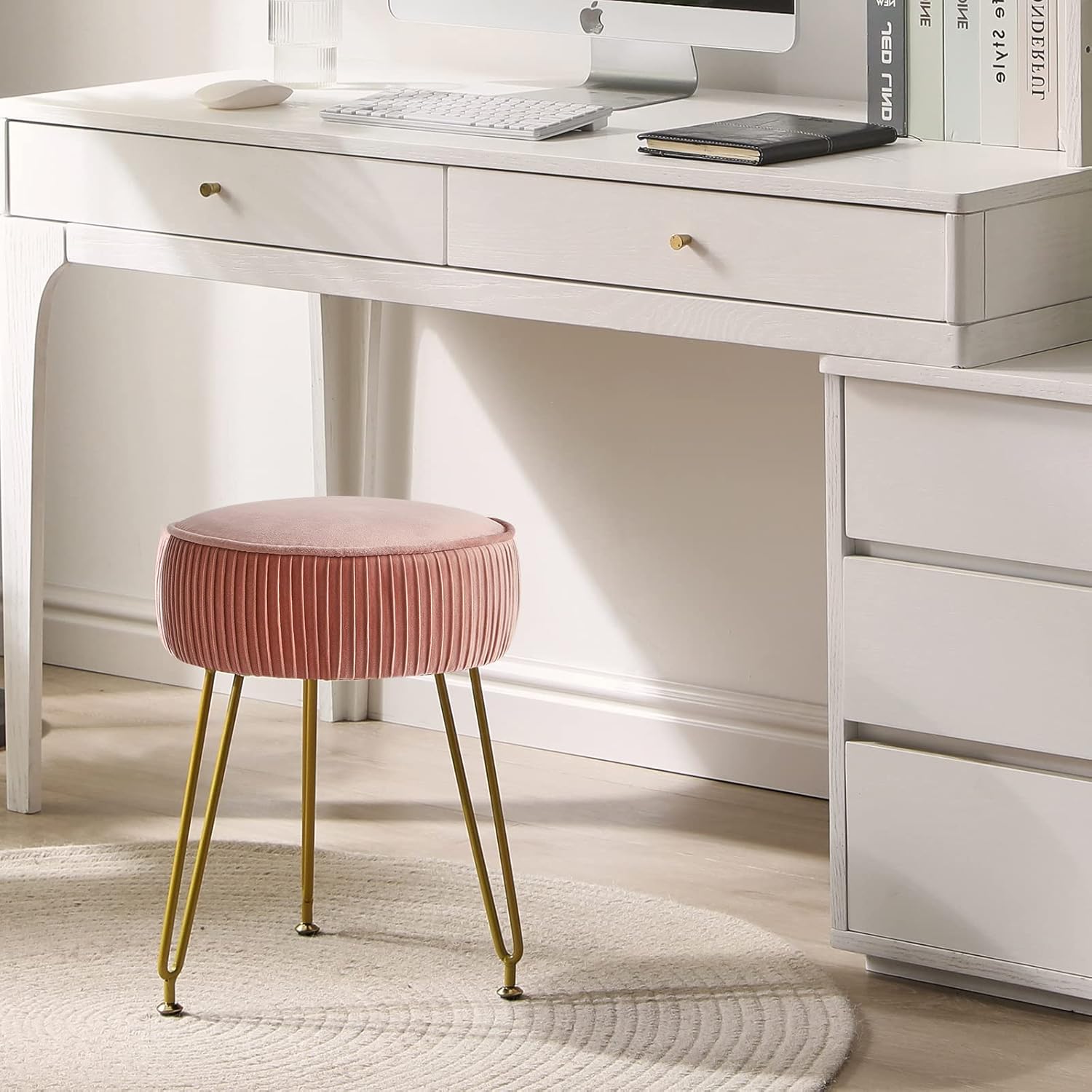 IBUYKE Velvet Round Footrest Ottoman, Makeup Vanity Stool Side Table, Velvet Dressing Table Seat, Pouf Couch Stool, Golden Steel Legs, Pink LG-30P