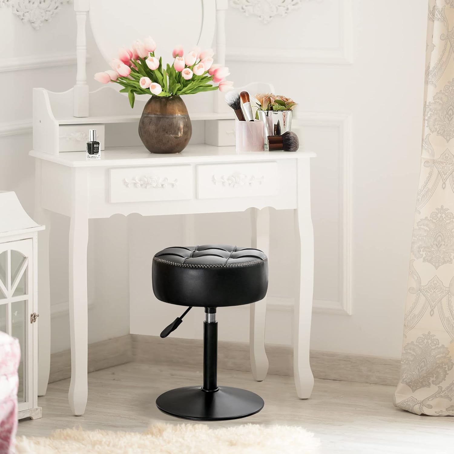LUE BONA Adjustable Vanity Stool, 360°Swivel Vanity Chair for Makeup Room, Black Stool Chair for Vanity, Small Faux Leather Vanity Stools for Bathroom, Living Room