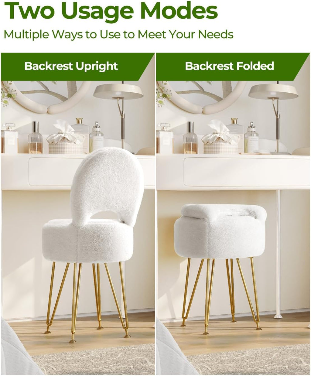 GREENSTELL Small Vanity Stool Chair with Storage and Folding Back, 13" x 13" x 17.7" Faux Fur Soft Ottoman for Teenager, 4 Metal Legs with Anti-Slip Feet, Furry Padded Seat for Makeup, Bedroom, White