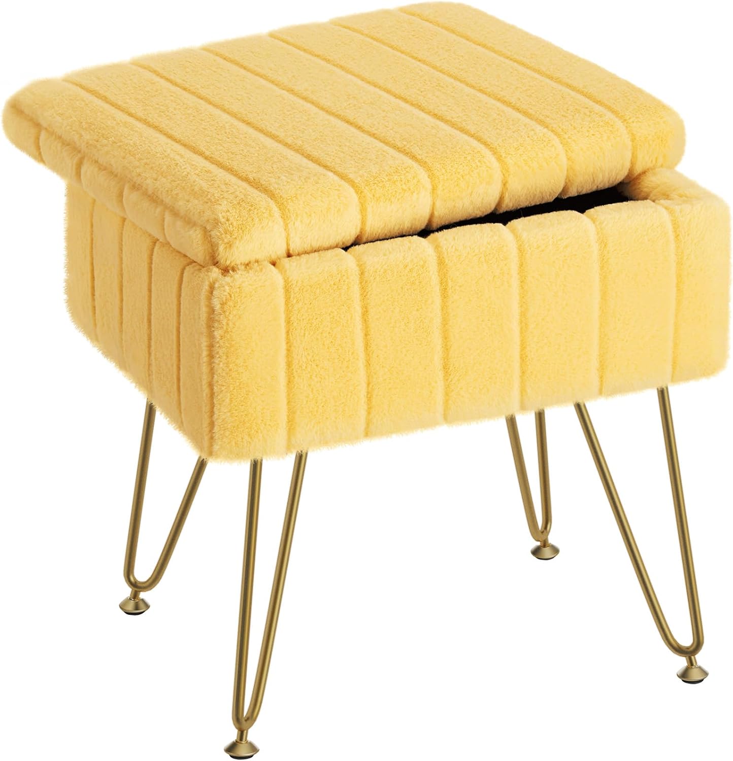 Greenstell Vanity Stool Chair Faux Fur with Storage, 15.7"L x 11.8"W x 19.4"H Soft Ottoman 4 Metal Legs with Anti-Slip Feet, Furry Padded Seat, Modern Multifunctional Chairs for Makeup, Bedroom White