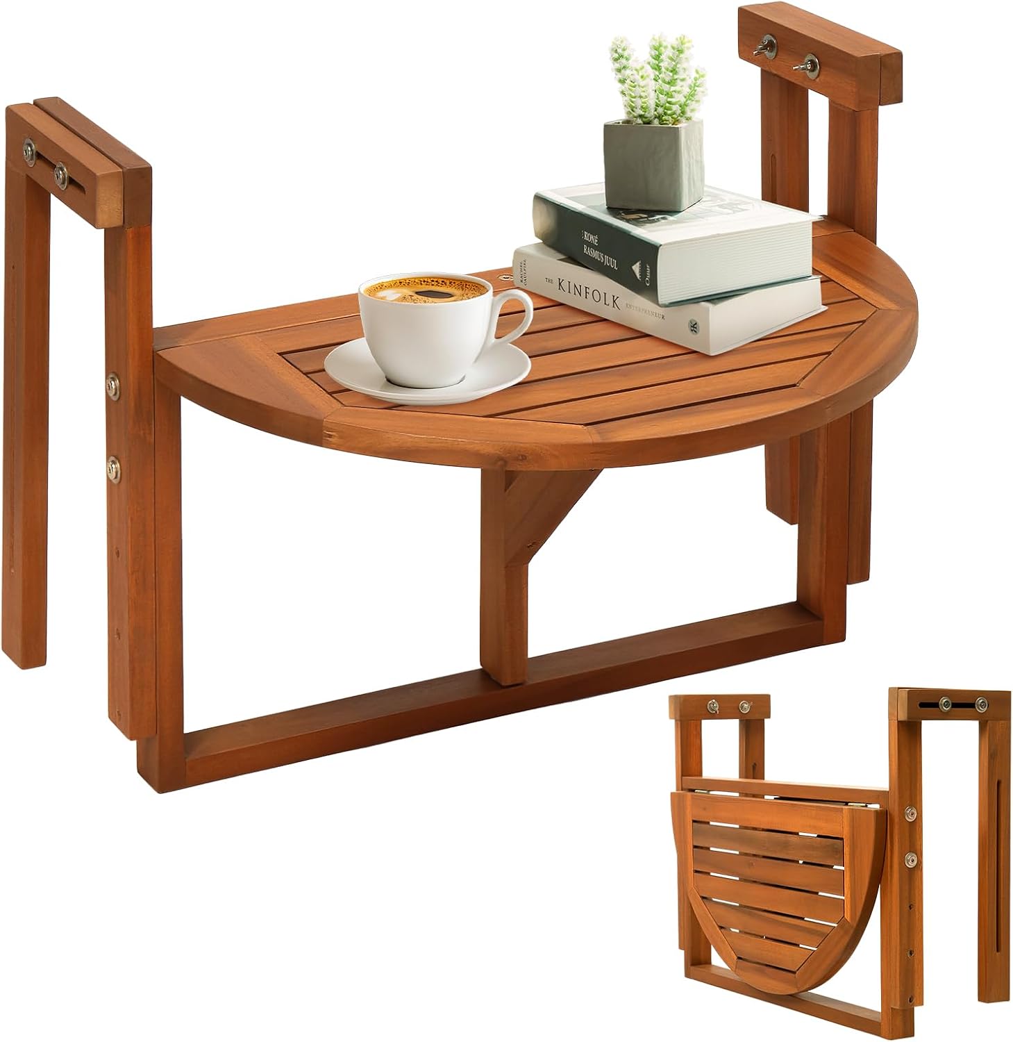 VINGLI Acacia Wood Folding Balcony Hanging Table – Adjustable Height & Width, Balcony Railing Table Ideal for Different Railing Widths, Perfect for Balcony, Patio, Deck, Porch – Semi-Circular