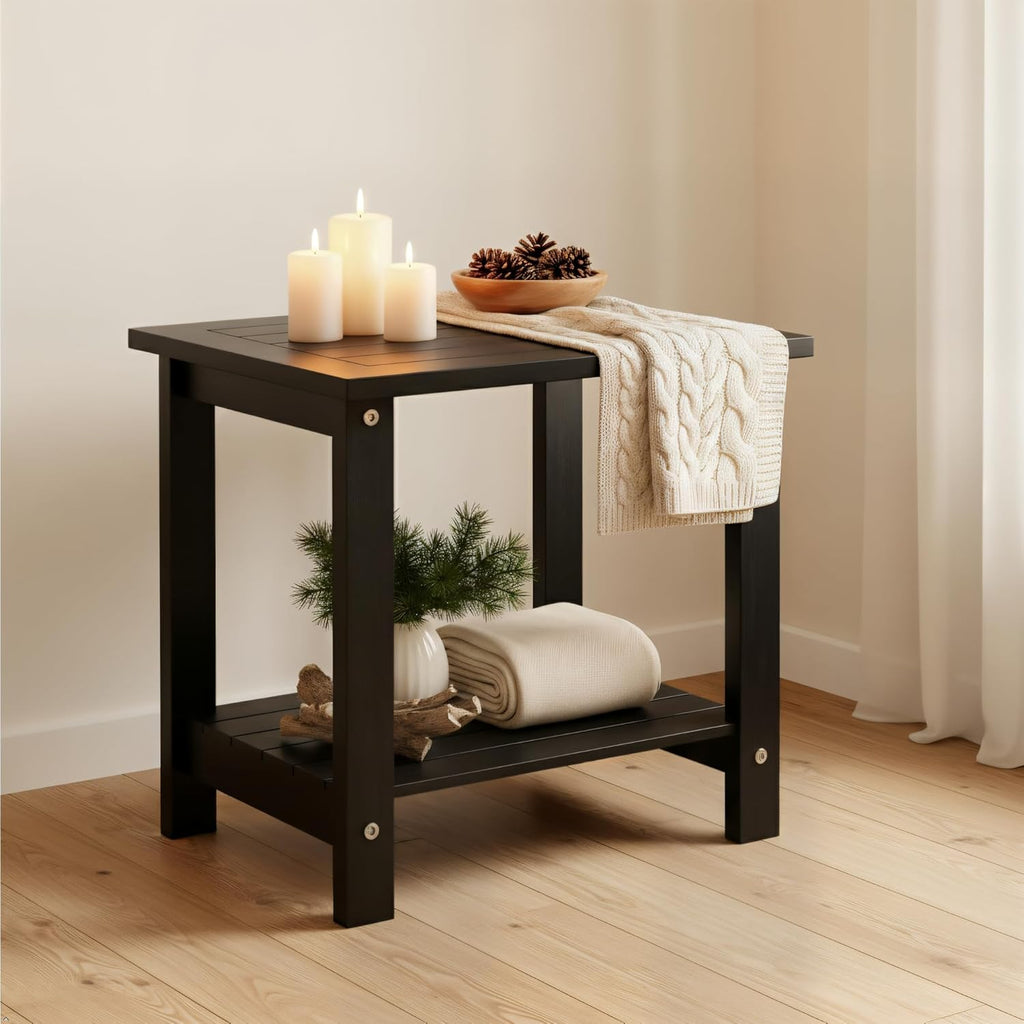 Black Adirondack Outdoor Accent Table – Weather-Resistant Acacia Wood Outdoor End Table with Double Storage, Small Porch Table for Patio, Garden, Lawn, Balcony, and Living Room Use