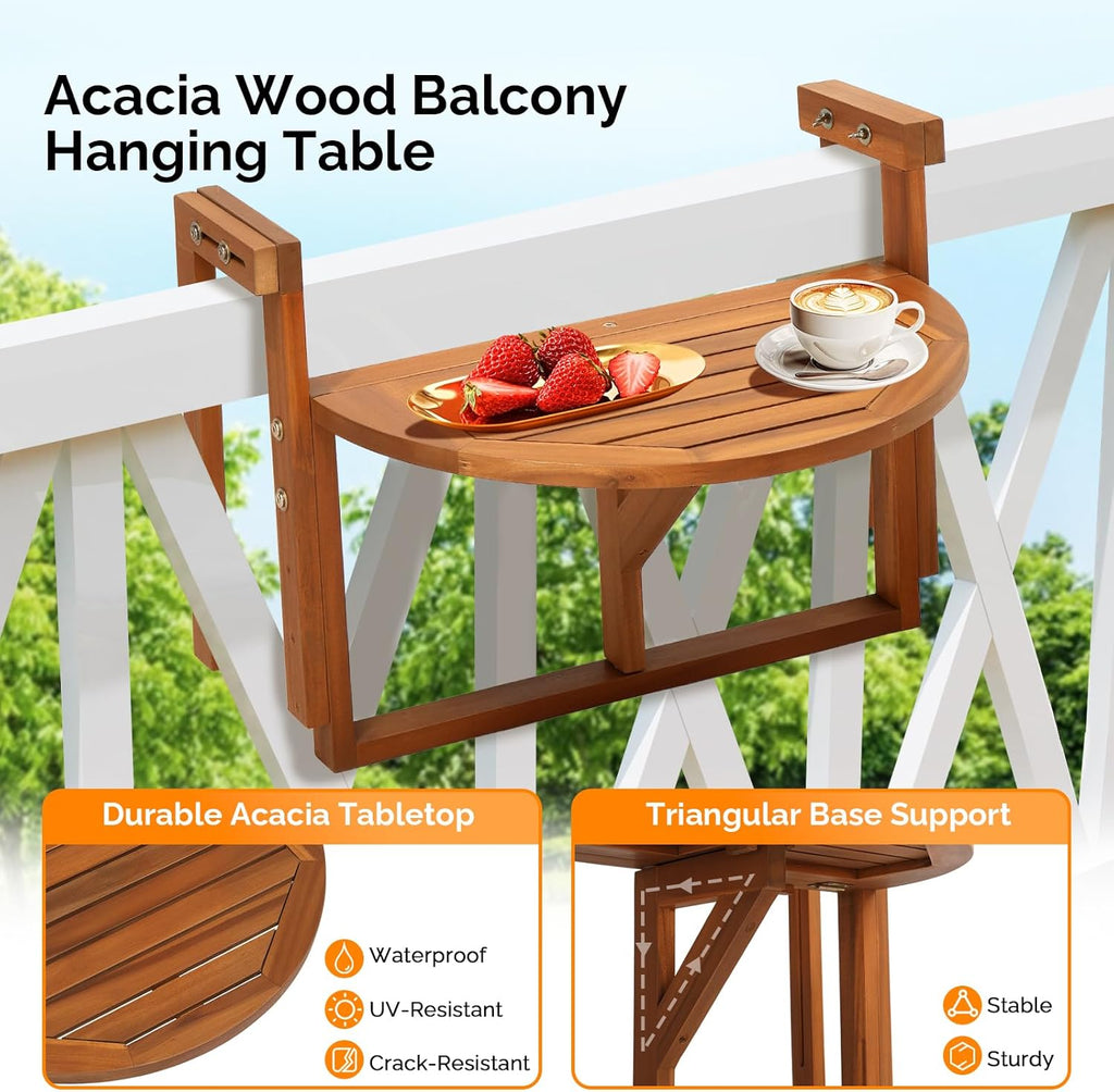 VINGLI Acacia Wood Folding Balcony Hanging Table – Adjustable Height & Width, Balcony Railing Table Ideal for Different Railing Widths, Perfect for Balcony, Patio, Deck, Porch – Semi-Circular
