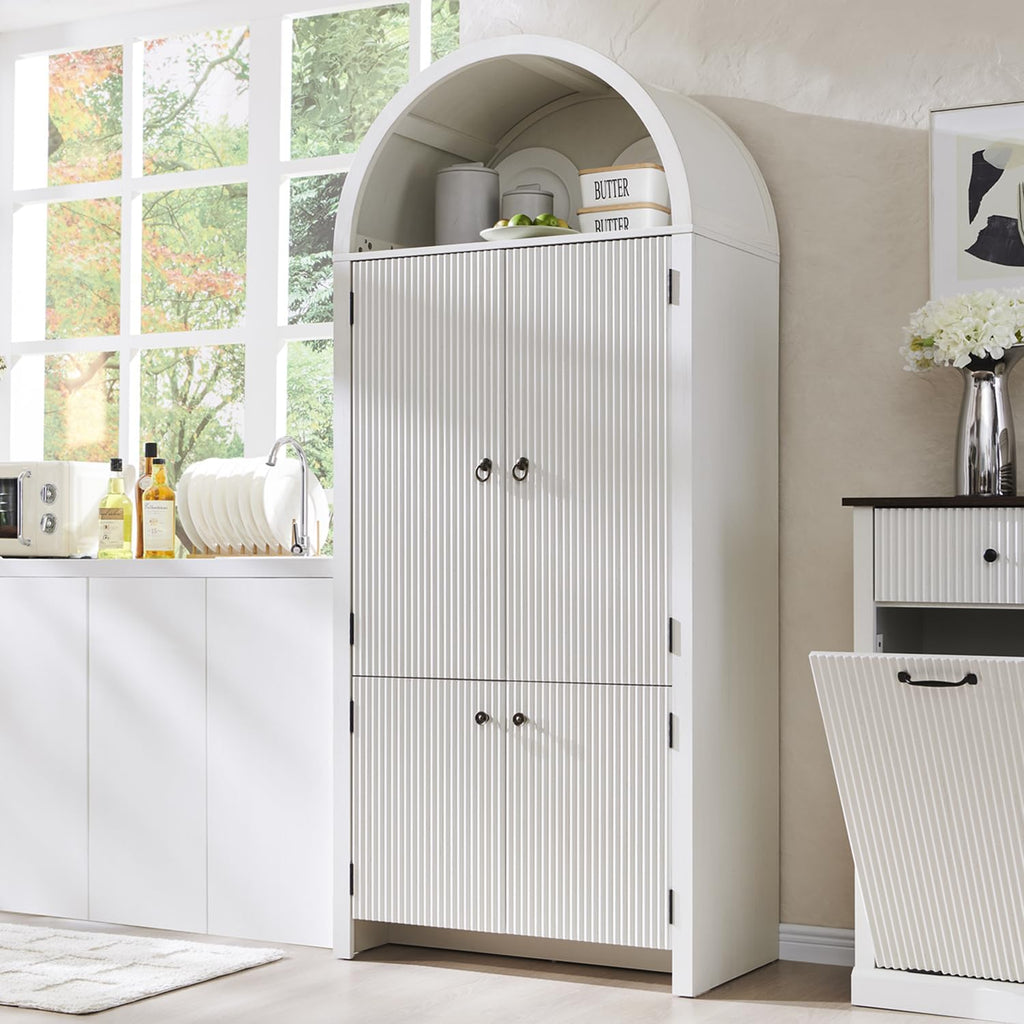 71" Tall Arched Kitchen Pantry, Modern Fluted Wood Storage Cabinet with Doors, 3 Adjustable Shelves, 6 Door Shelves, Organizer, Versatile Cupboard for Kitchen, Bathroom, Natural
