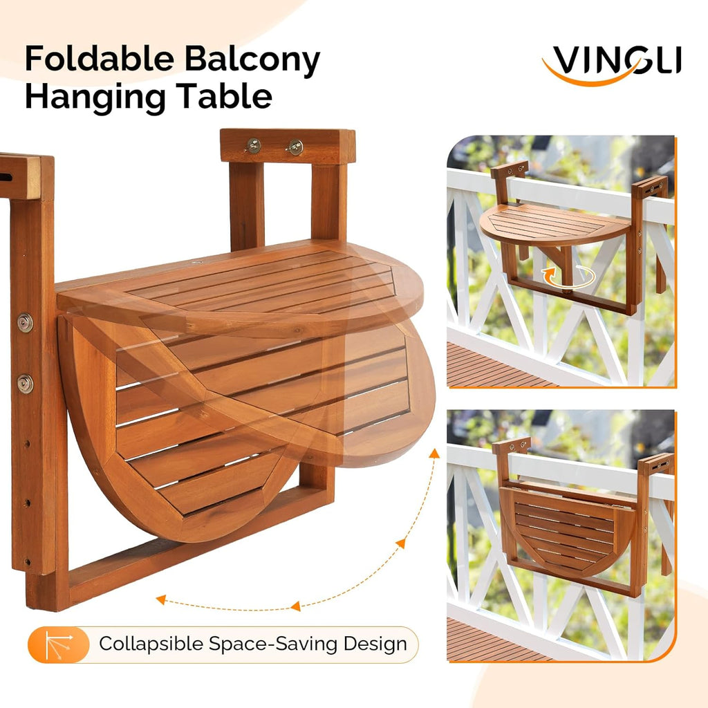 VINGLI Acacia Wood Folding Balcony Hanging Table – Adjustable Height & Width, Balcony Railing Table Ideal for Different Railing Widths, Perfect for Balcony, Patio, Deck, Porch – Semi-Circular