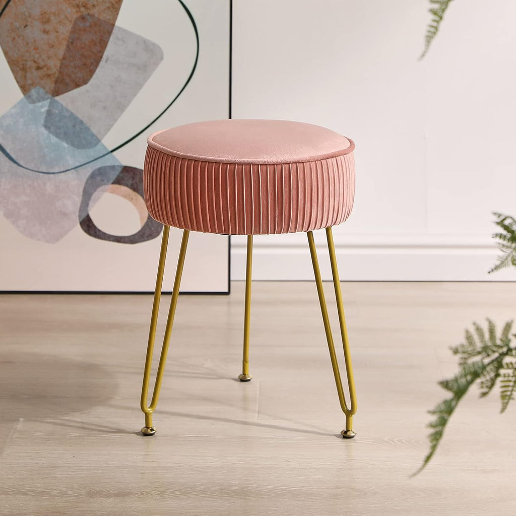 IBUYKE Velvet Round Footrest Ottoman, Makeup Vanity Stool Side Table, Velvet Dressing Table Seat, Pouf Couch Stool, Golden Steel Legs, Pink LG-30P