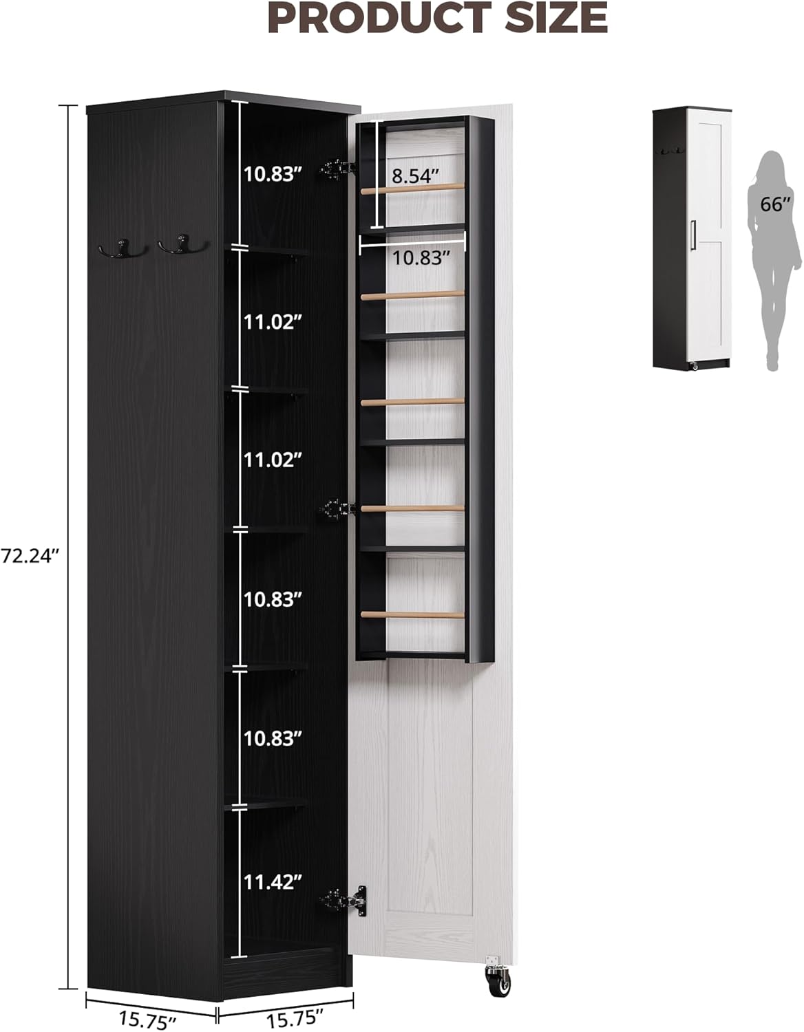 IRONCK Small Kitchen Pantry Cabinet 72" for Narrow Space, with Single Door and Adjustable Shelves, Freestanding Tall Storage Cabinet for Living Room, Bathroom, Black and White