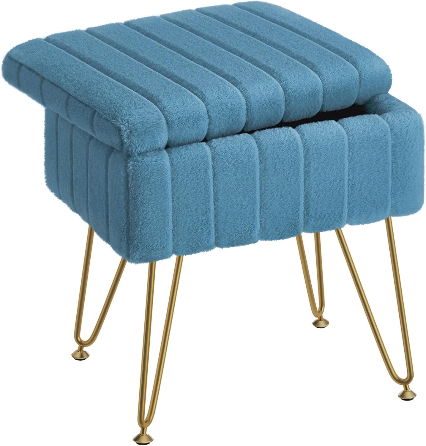 Greenstell Vanity Stool Chair Faux Fur with Storage, 15.7"L x 11.8"W x 19.4"H Soft Ottoman 4 Metal Legs with Anti-Slip Feet, Furry Padded Seat, Modern Multifunctional Chairs for Makeup, Bedroom White