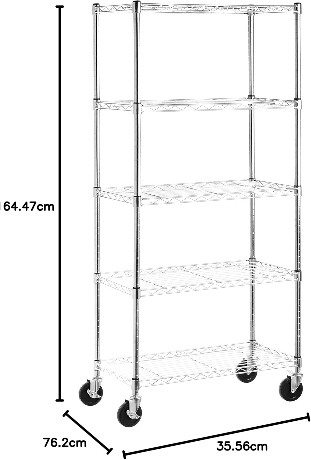 Amazon Basics 5-Shelf Adjustable, Heavy Duty Storage Shelving Unit on 4'' Wheel Casters, Metal Organizer Wire Rack, 30" L x 14" W x 64.8" H, Chrome