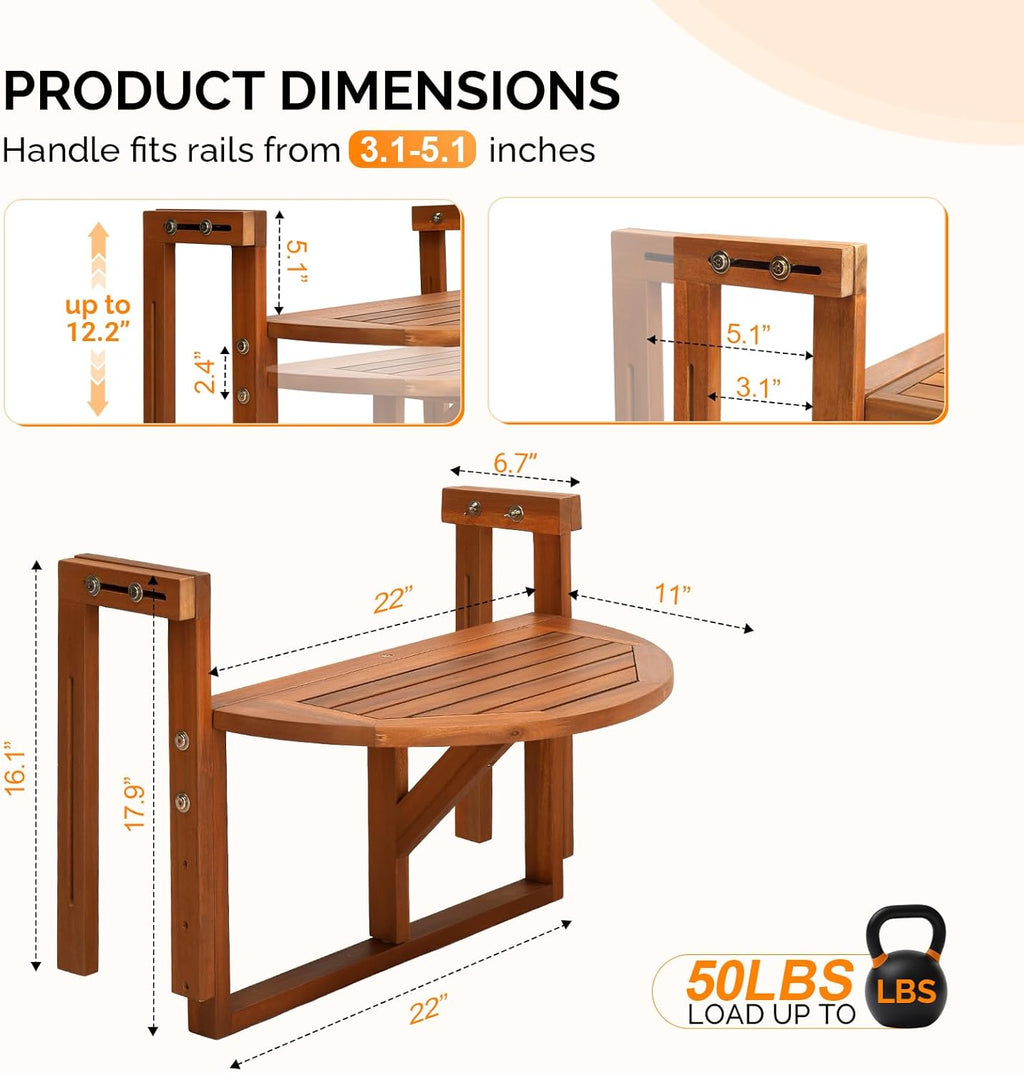VINGLI Acacia Wood Folding Balcony Hanging Table – Adjustable Height & Width, Balcony Railing Table Ideal for Different Railing Widths, Perfect for Balcony, Patio, Deck, Porch – Semi-Circular