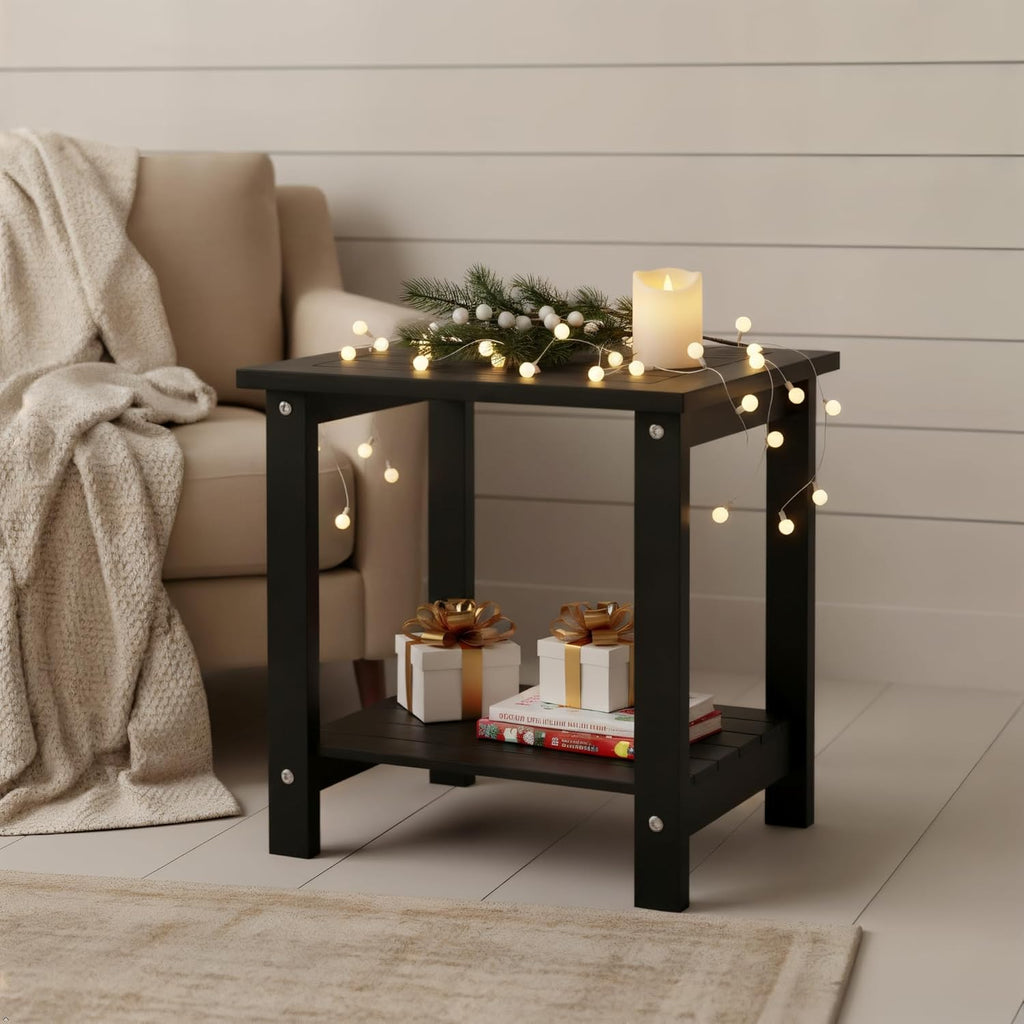 Black Adirondack Outdoor Accent Table – Weather-Resistant Acacia Wood Outdoor End Table with Double Storage, Small Porch Table for Patio, Garden, Lawn, Balcony, and Living Room Use