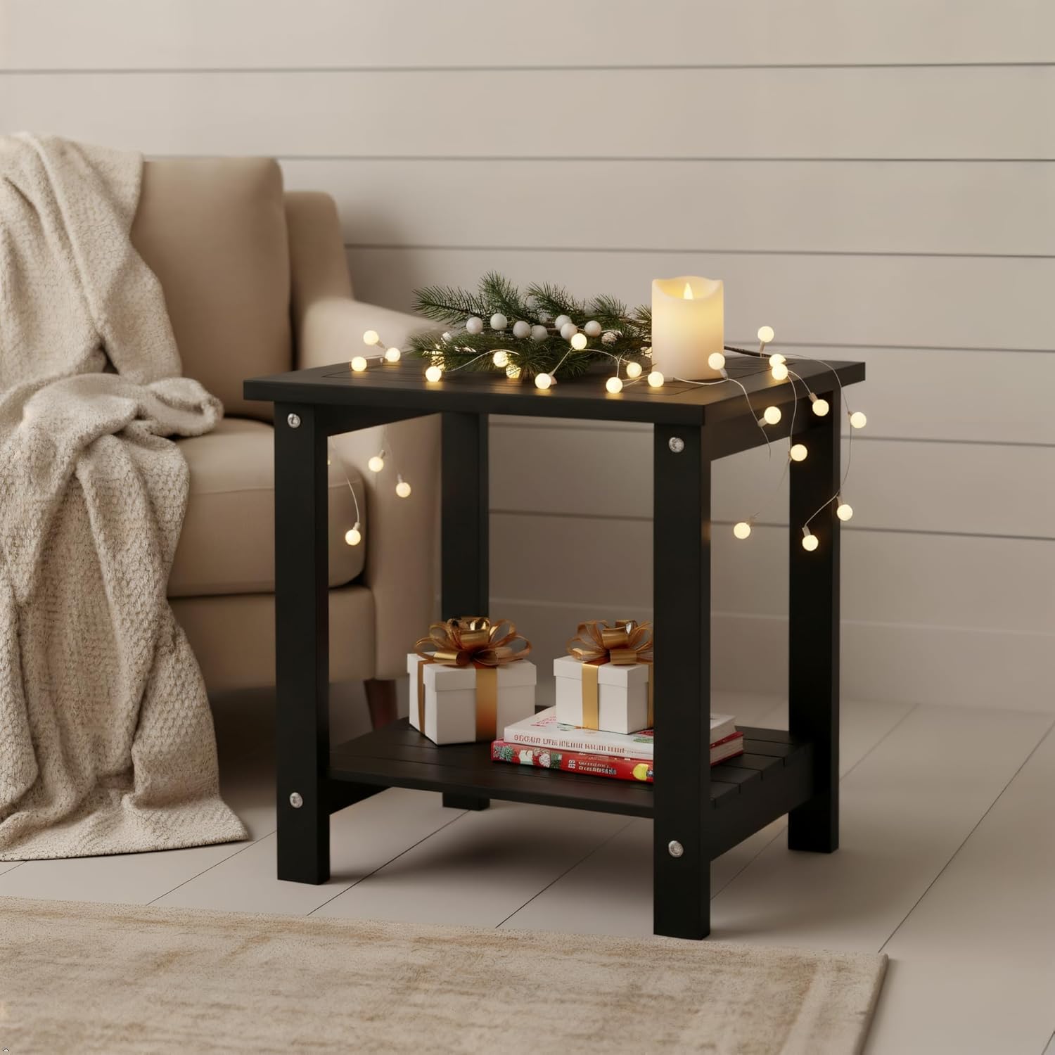 Black Adirondack Outdoor Accent Table – Weather-Resistant Acacia Wood Outdoor End Table with Double Storage, Small Porch Table for Patio, Garden, Lawn, Balcony, and Living Room Use