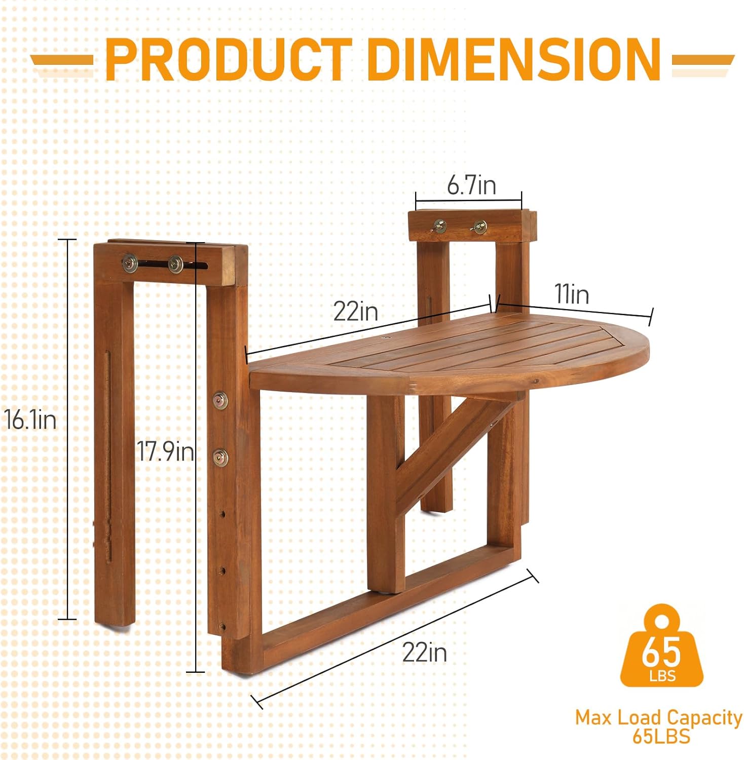 Outvita Balcony Table, Acacia Wood Folding Balcony Bar Table for Railings, 65LBS Load-Bearing Adjustable Height & Width Hanging Bar for Patio, Deck, Porch – Semicircular