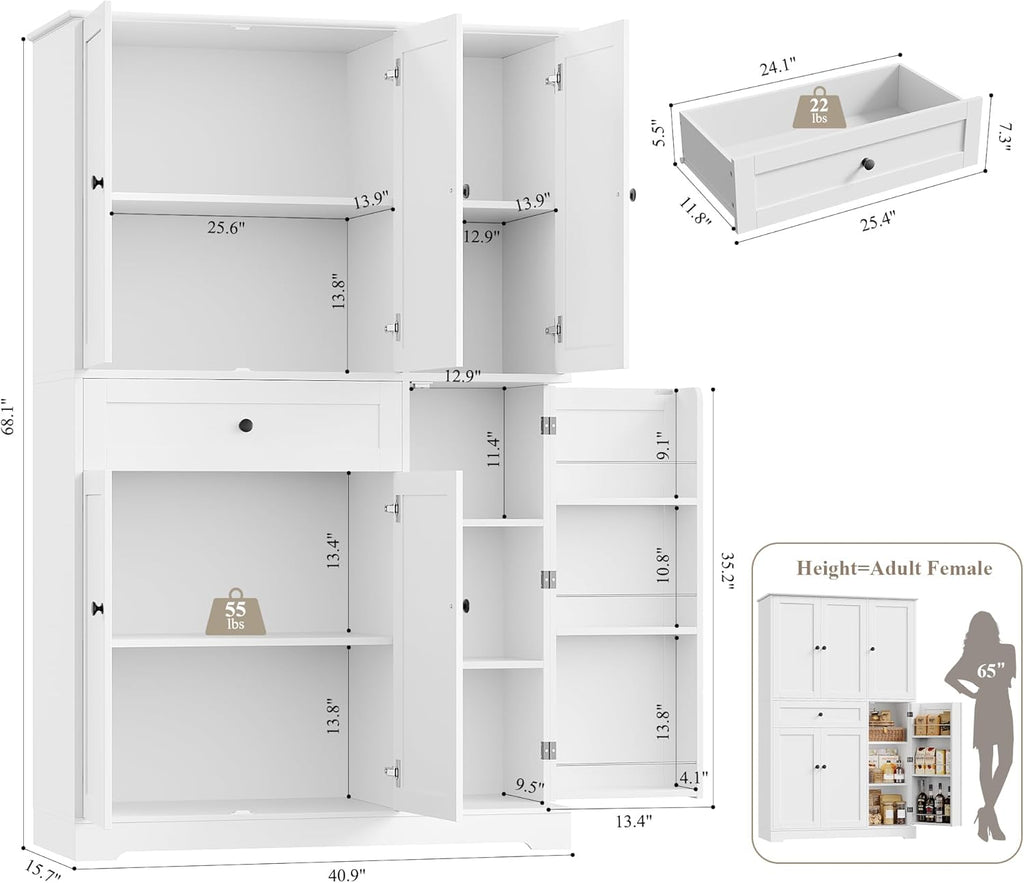 HOSTACK 68" Tall Kitchen Pantry Storage Cabinet, Modern Kitchen Hutch Cabinet with Doors and Shelves, Freestanding Food Pantry with Large Storage Drawer for Dining Room, Living Room, White