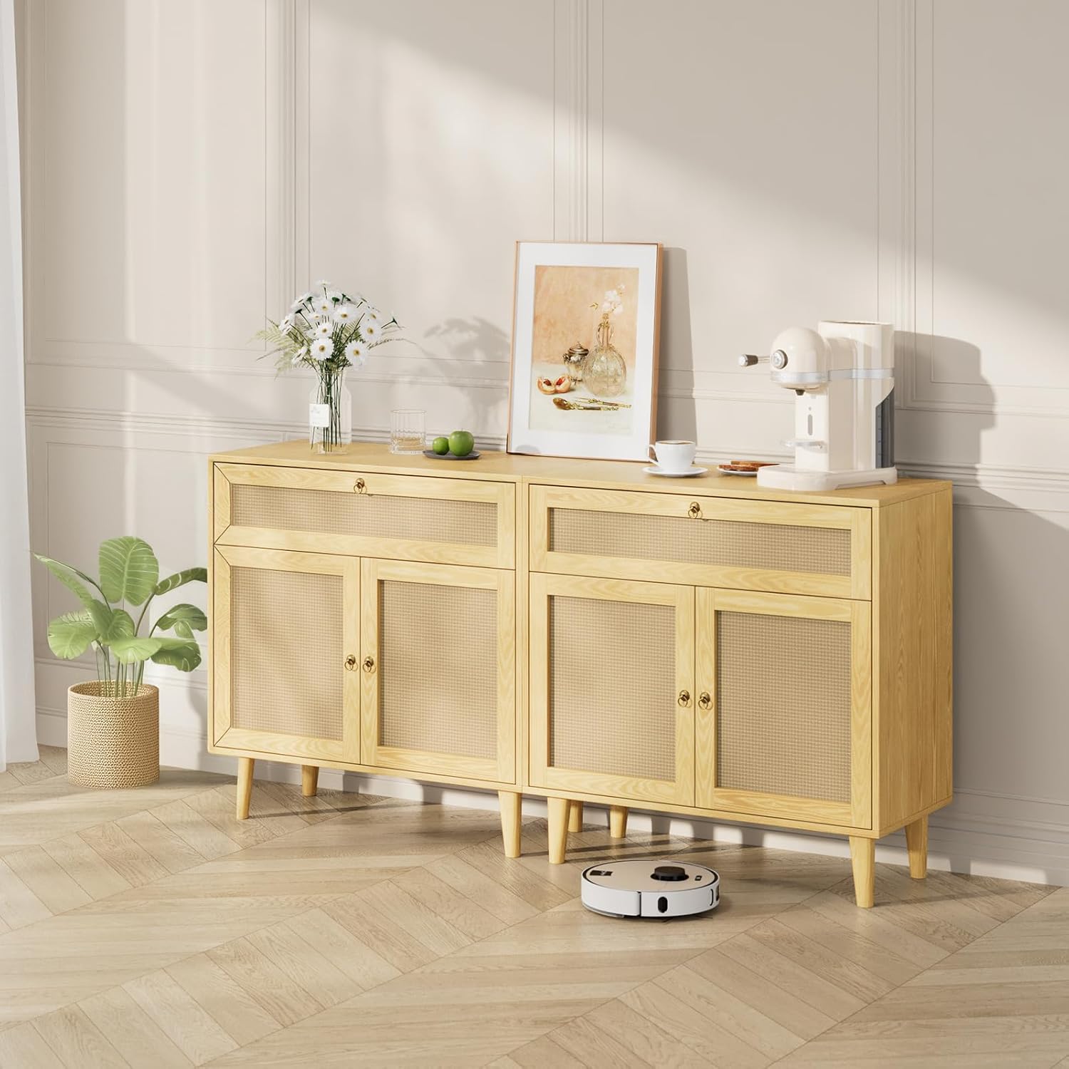 Storage Cabinet with Rattan Decor Doors & Drawer, Modern Bathroom Floor Storage Cabinet Organizer, Freestanding Cupboard for Kitchen/Living Room Use