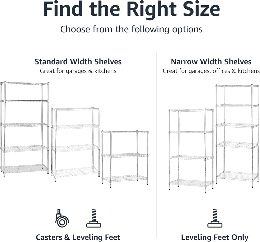 Amazon Basics 5-Shelf Adjustable, Heavy Duty Storage Shelving Unit on 4'' Wheel Casters, Metal Organizer Wire Rack, 30" L x 14" W x 64.8" H, Chrome