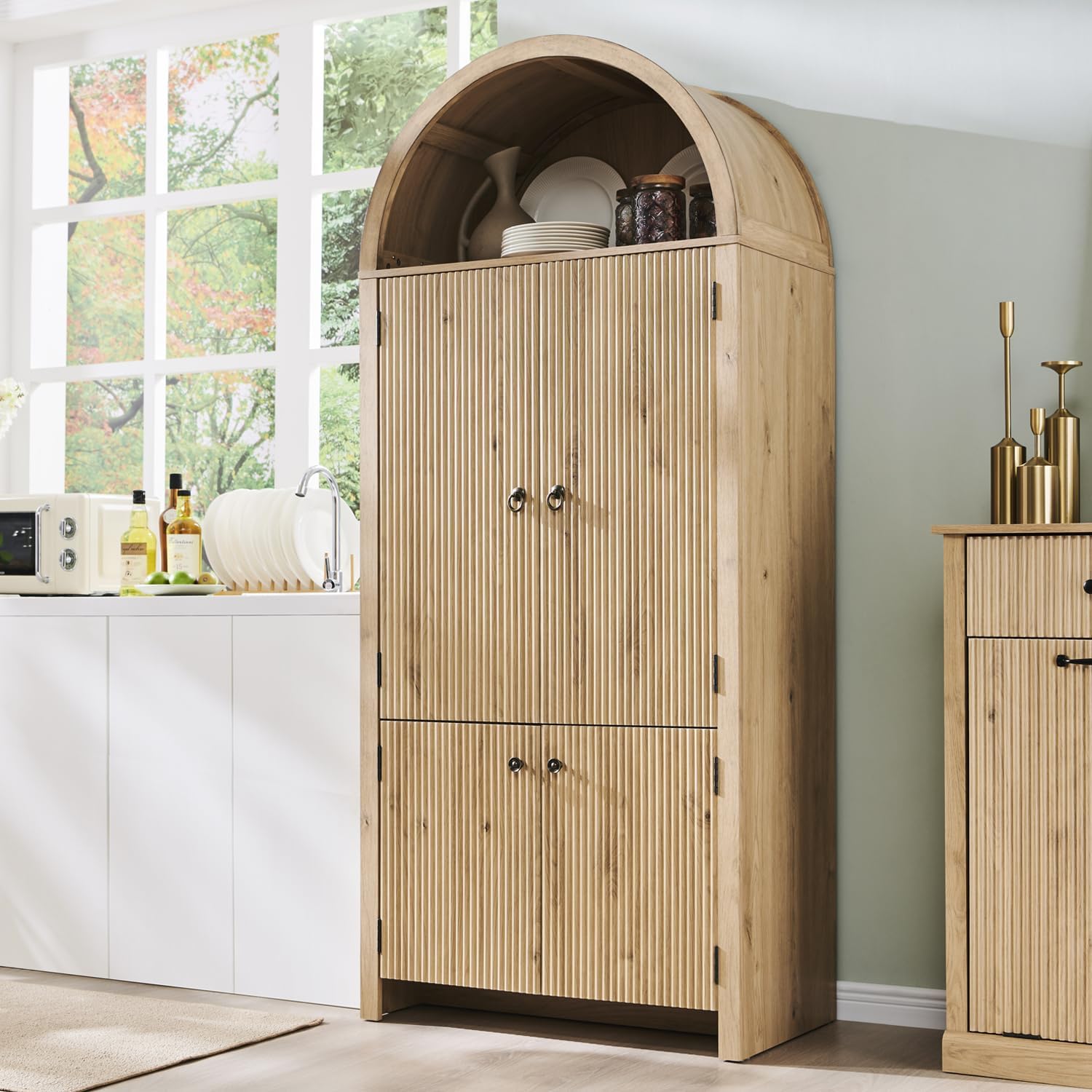 71" Tall Arched Kitchen Pantry, Modern Fluted Wood Storage Cabinet with Doors, 3 Adjustable Shelves, 6 Door Shelves, Organizer, Versatile Cupboard for Kitchen, Bathroom, Natural