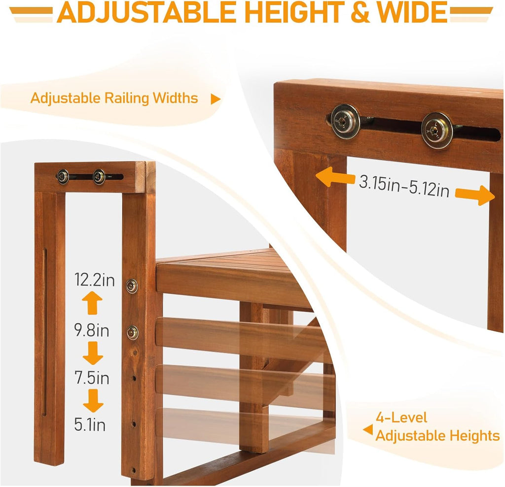 Outvita Balcony Table, Acacia Wood Folding Balcony Bar Table for Railings, 65LBS Load-Bearing Adjustable Height & Width Hanging Bar for Patio, Deck, Porch – Semicircular