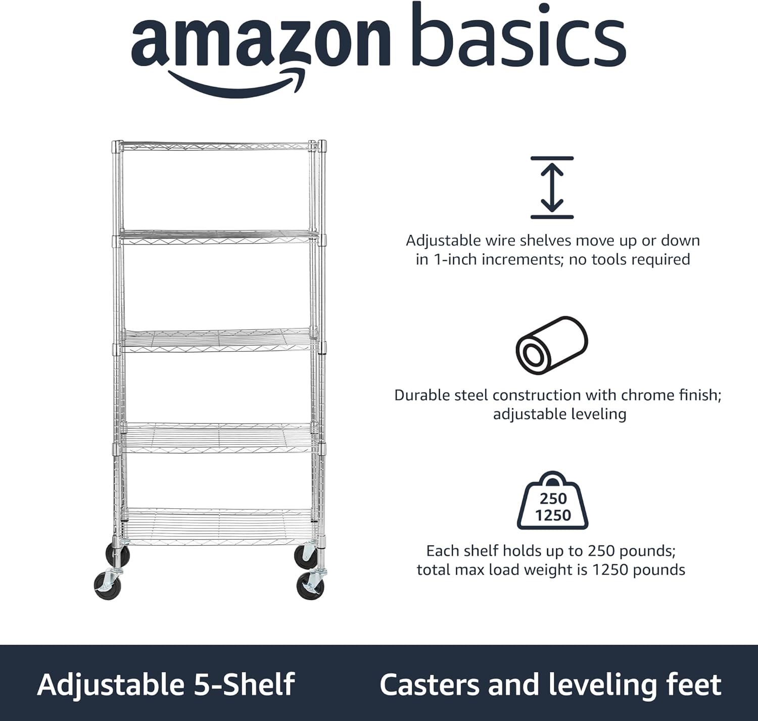 Amazon Basics 5-Shelf Adjustable, Heavy Duty Storage Shelving Unit on 4'' Wheel Casters, Metal Organizer Wire Rack, 30" L x 14" W x 64.8" H, Chrome