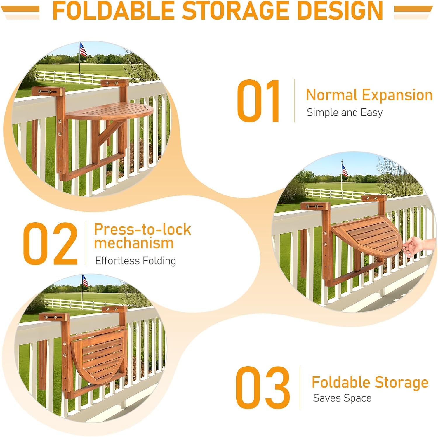 Outvita Balcony Table, Acacia Wood Folding Balcony Bar Table for Railings, 65LBS Load-Bearing Adjustable Height & Width Hanging Bar for Patio, Deck, Porch – Semicircular