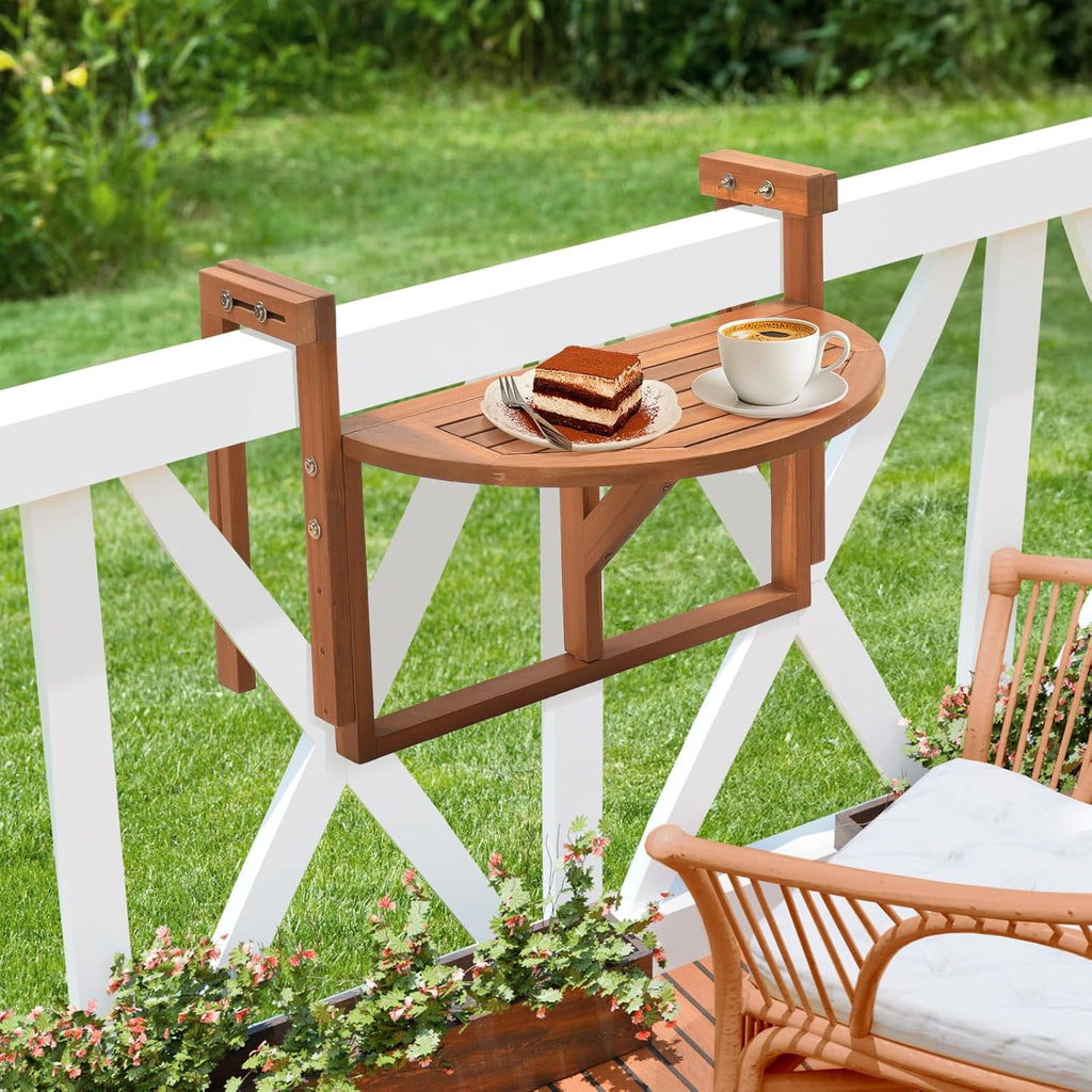 VINGLI Acacia Wood Folding Balcony Hanging Table – Adjustable Height & Width, Balcony Railing Table Ideal for Different Railing Widths, Perfect for Balcony, Patio, Deck, Porch – Semi-Circular