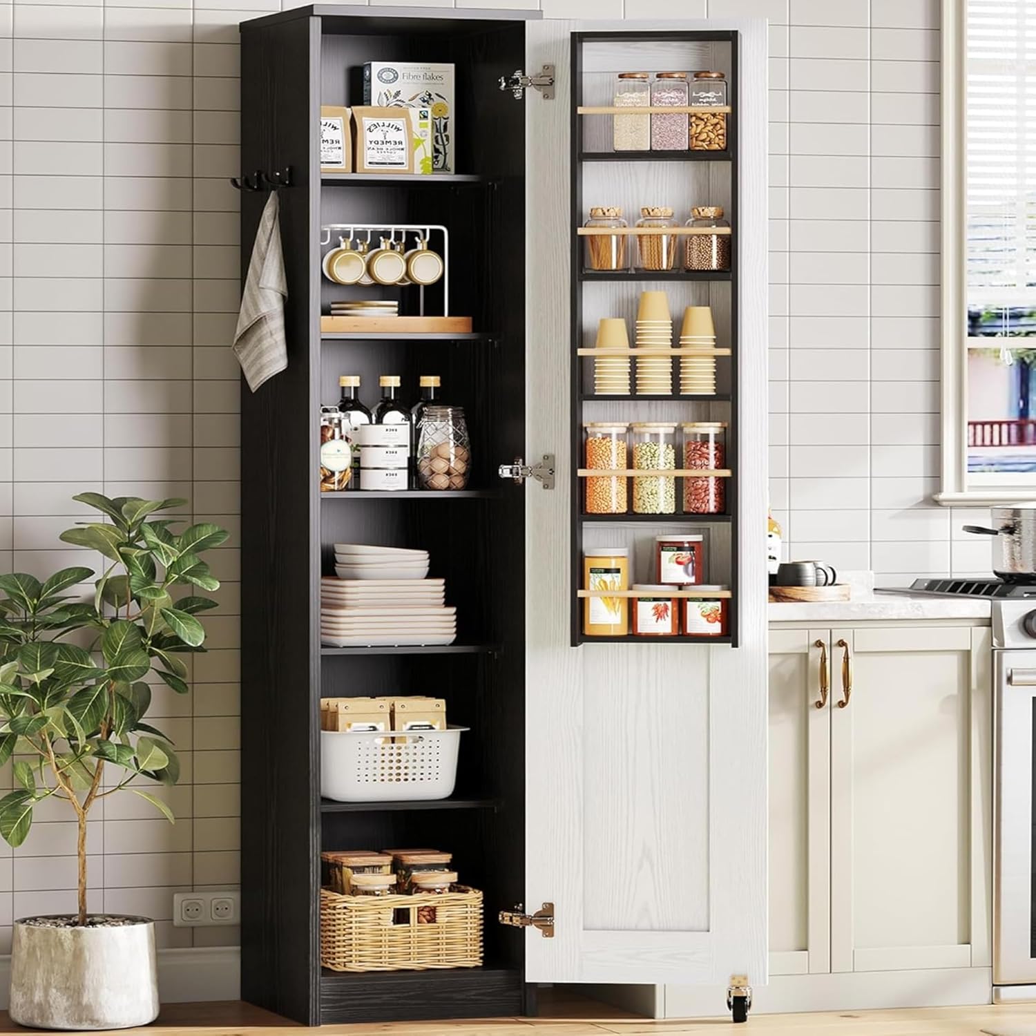 IRONCK Small Kitchen Pantry Cabinet 72" for Narrow Space, with Single Door and Adjustable Shelves, Freestanding Tall Storage Cabinet for Living Room, Bathroom, Black and White