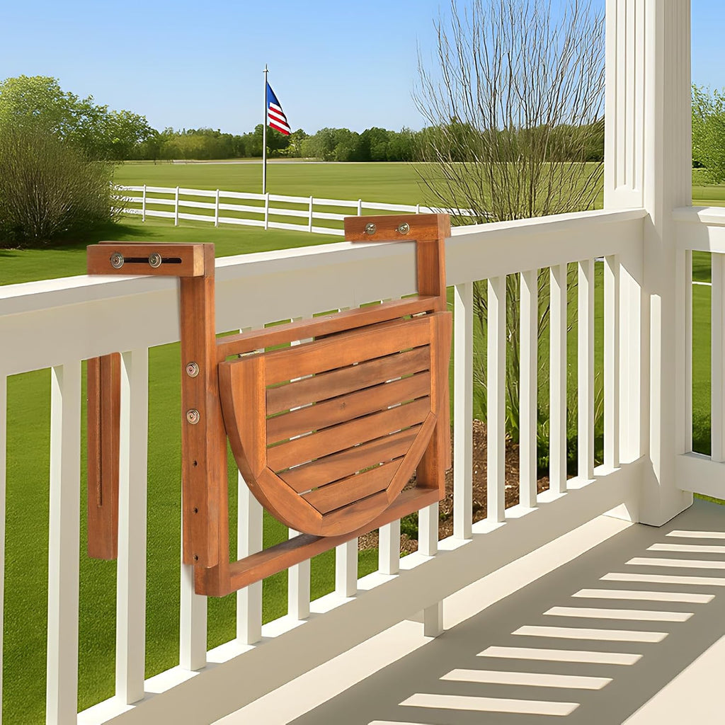 Outvita Balcony Table, Acacia Wood Folding Balcony Bar Table for Railings, 65LBS Load-Bearing Adjustable Height & Width Hanging Bar for Patio, Deck, Porch – Semicircular