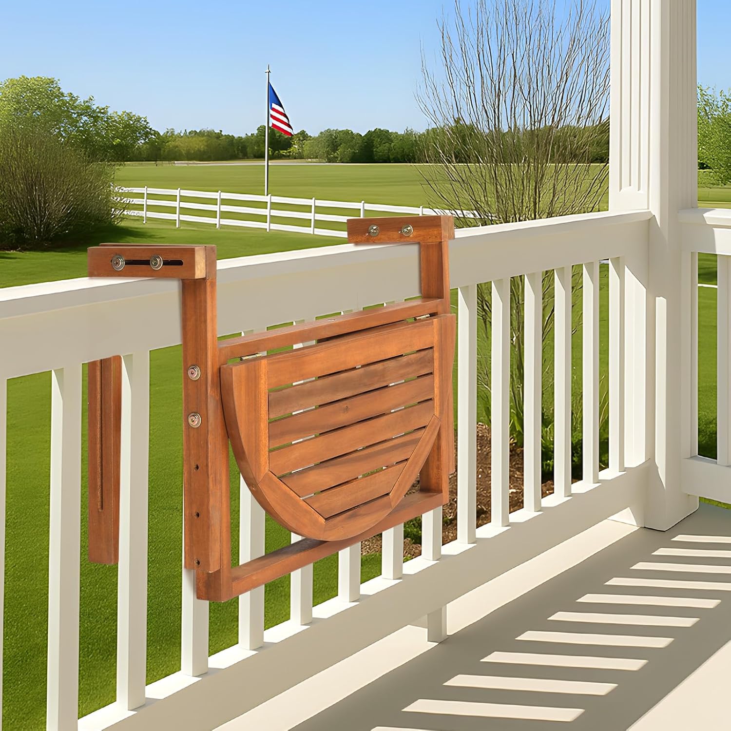 Outvita Balcony Table, Acacia Wood Folding Balcony Bar Table for Railings, 65LBS Load-Bearing Adjustable Height & Width Hanging Bar for Patio, Deck, Porch – Semicircular