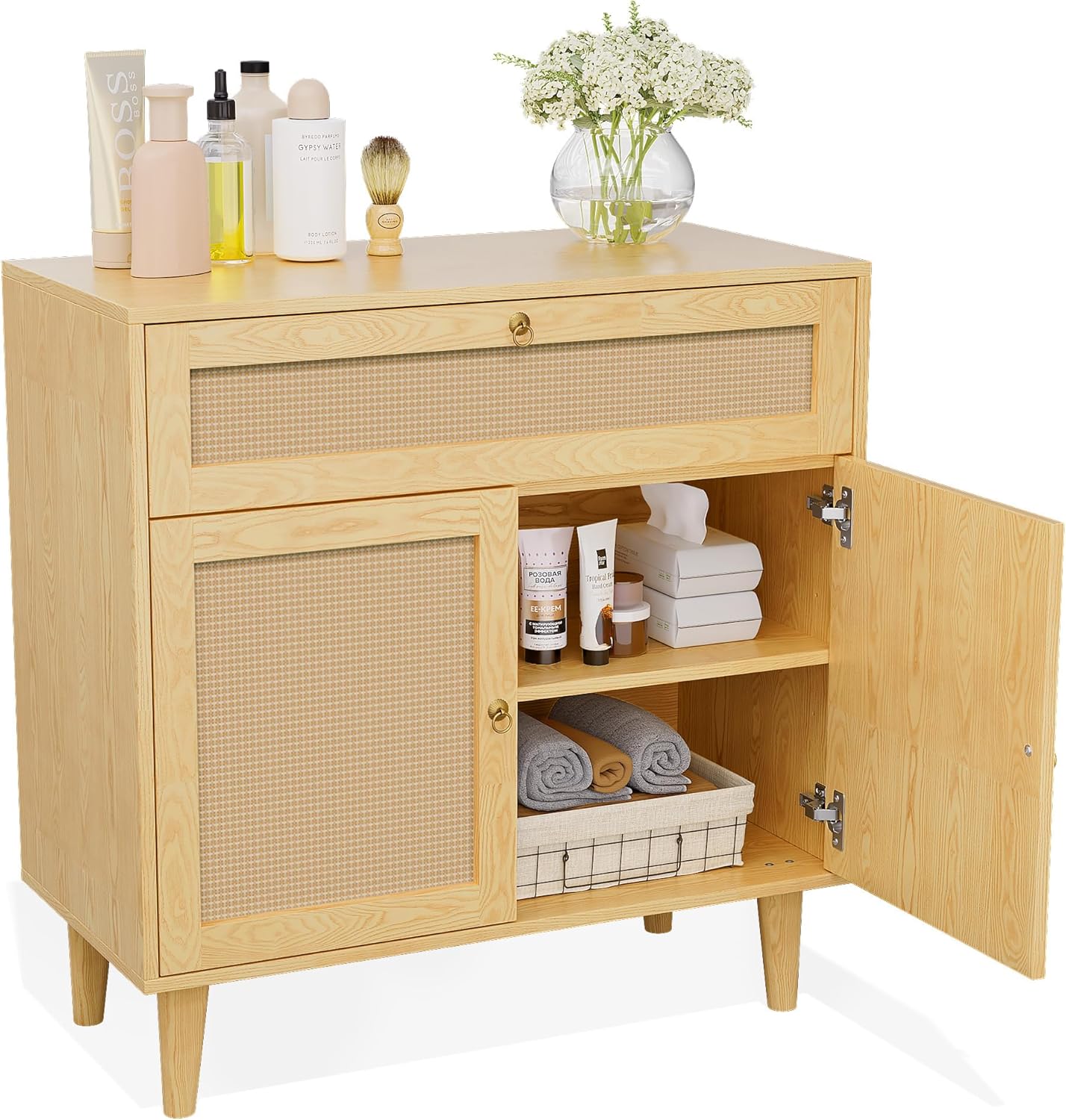 Storage Cabinet with Rattan Decor Doors & Drawer, Modern Bathroom Floor Storage Cabinet Organizer, Freestanding Cupboard for Kitchen/Living Room Use