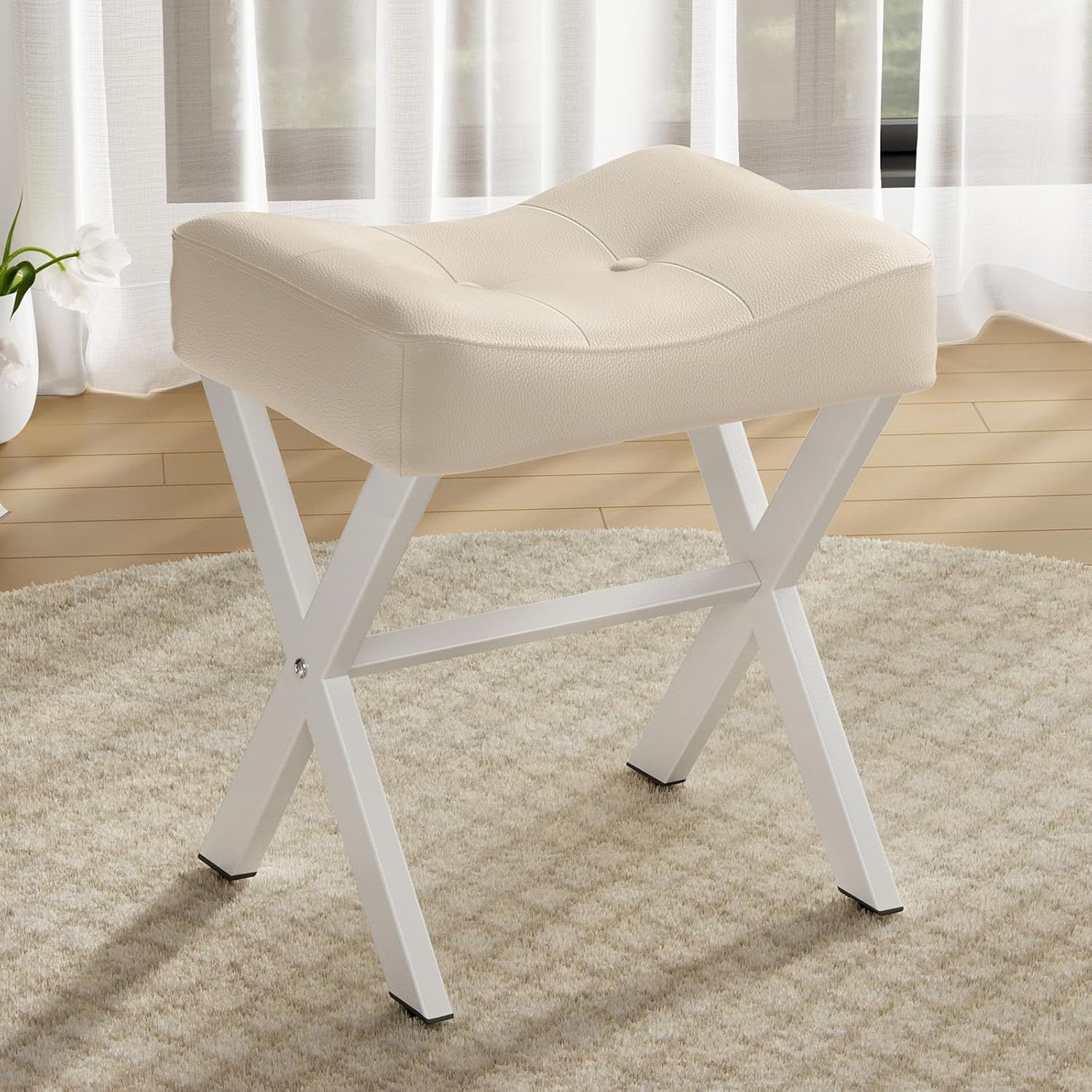 18-Inch Leather Vanity Stool Chair, Vanity Bench with Metal X-Leg, Ottoman Accent Stool with Thick Padded Saddle Seat, Black