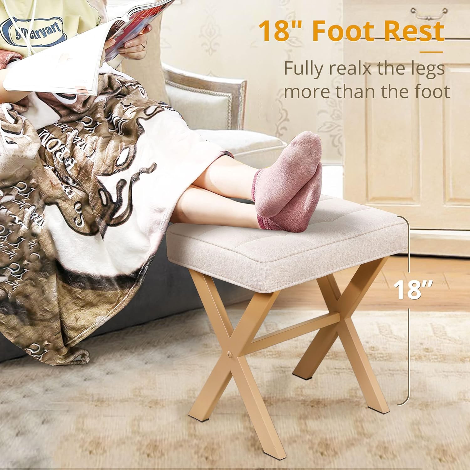 LUE BONA Square Linen Makeup Stool, Metal X Legs, Small Ottoman Stool Chair for Vanity, Modern Padded Seat Foot Rest for Makeup Room, Bathroom