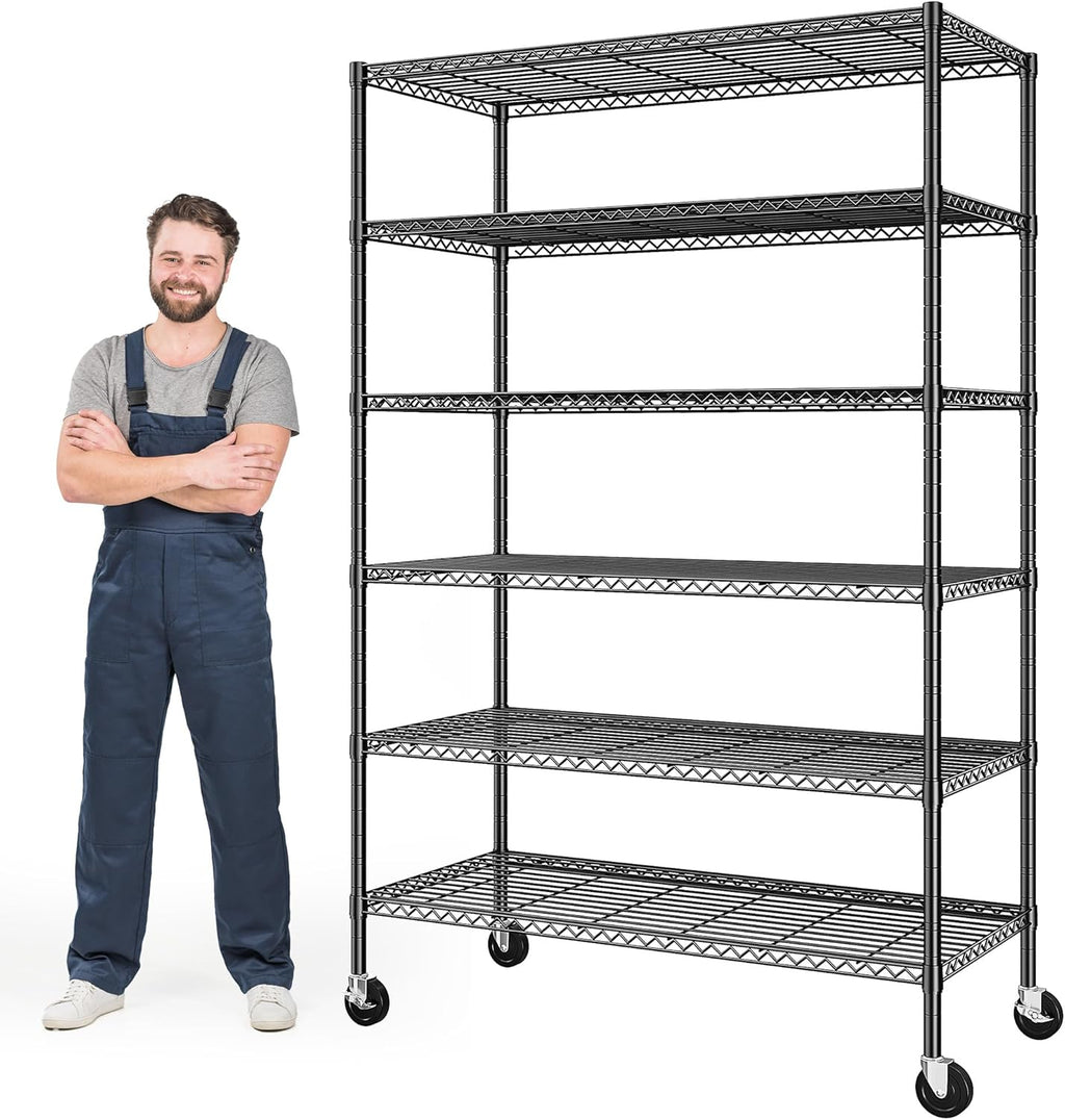 82" H X45 W X18 D Storage Shelves with Wheels, 6 Tier Wire Shelving Adjustable Metal Shelving Pantry Shelves Capacity 1200LBS for Garage Shelving, Pantry, Kitchen, Closet, Commercial, Black