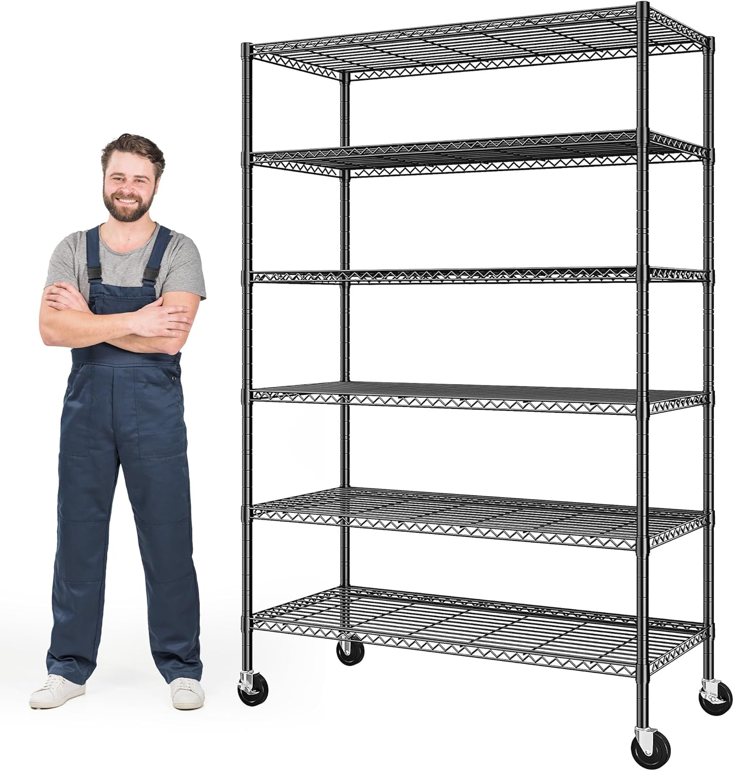 82" H X45 W X18 D Storage Shelves with Wheels, 6 Tier Wire Shelving Adjustable Metal Shelving Pantry Shelves Capacity 1200LBS for Garage Shelving, Pantry, Kitchen, Closet, Commercial, Black