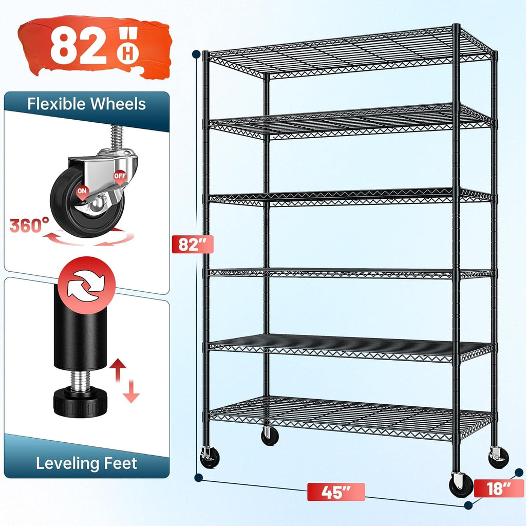 82" H X45 W X18 D Storage Shelves with Wheels, 6 Tier Wire Shelving Adjustable Metal Shelving Pantry Shelves Capacity 1200LBS for Garage Shelving, Pantry, Kitchen, Closet, Commercial, Black