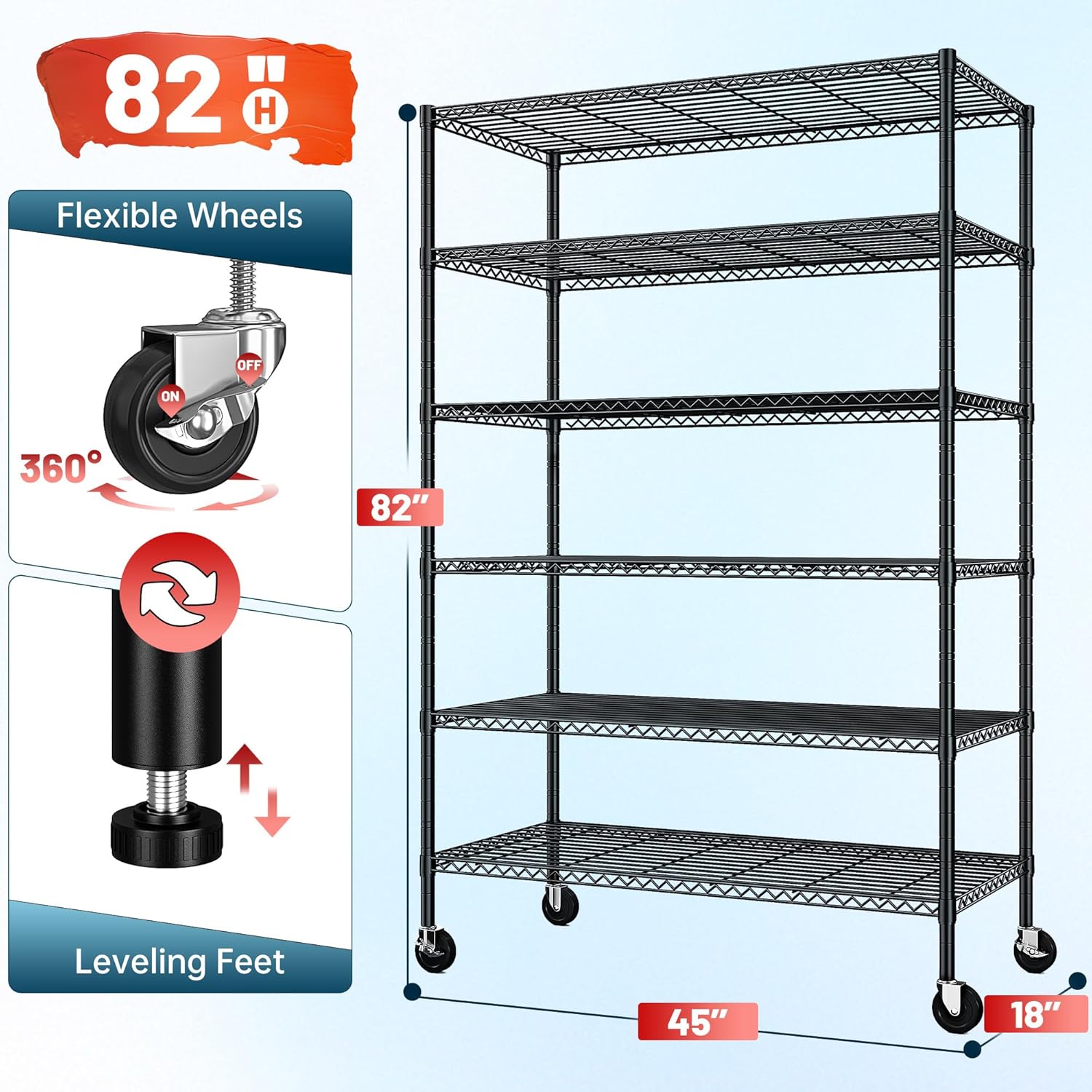 82" H X45 W X18 D Storage Shelves with Wheels, 6 Tier Wire Shelving Adjustable Metal Shelving Pantry Shelves Capacity 1200LBS for Garage Shelving, Pantry, Kitchen, Closet, Commercial, Black