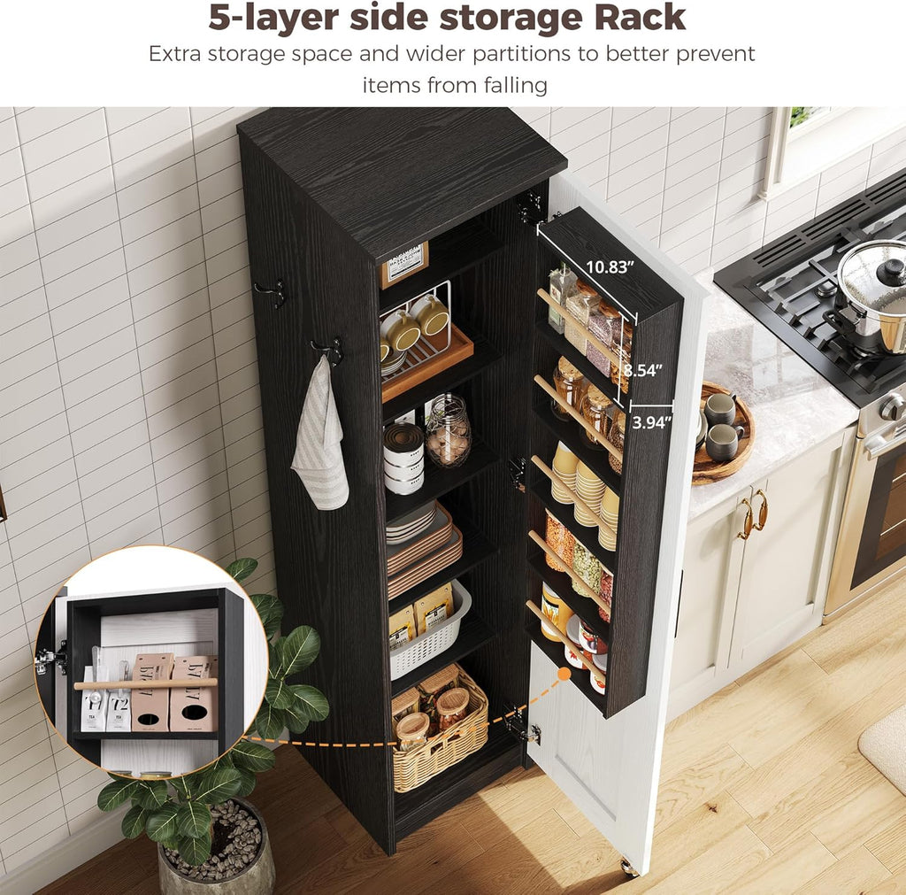IRONCK Small Kitchen Pantry Cabinet 72" for Narrow Space, with Single Door and Adjustable Shelves, Freestanding Tall Storage Cabinet for Living Room, Bathroom, Black and White