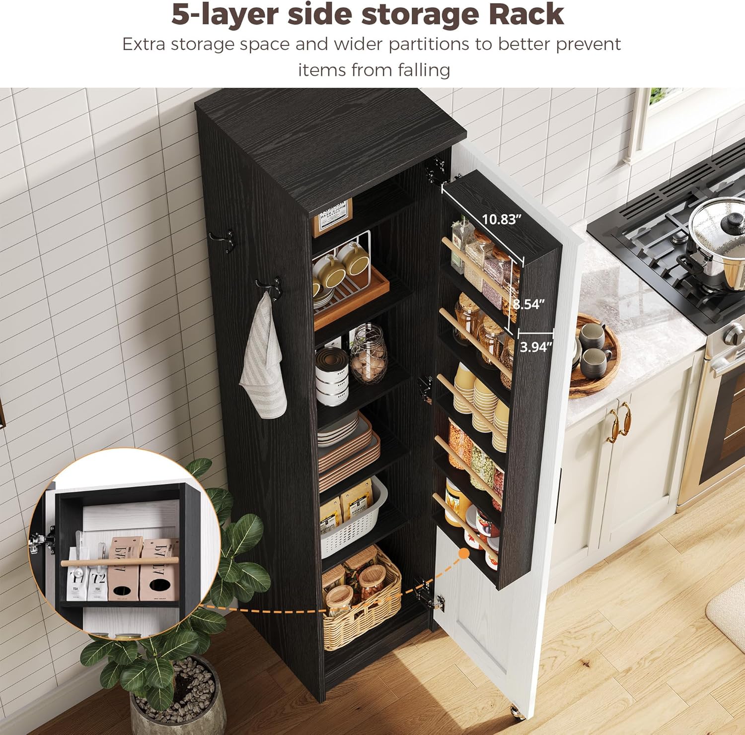 IRONCK Small Kitchen Pantry Cabinet 72" for Narrow Space, with Single Door and Adjustable Shelves, Freestanding Tall Storage Cabinet for Living Room, Bathroom, Black and White