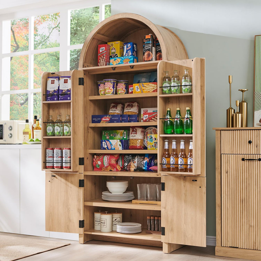 71" Tall Arched Kitchen Pantry, Modern Fluted Wood Storage Cabinet with Doors, 3 Adjustable Shelves, 6 Door Shelves, Organizer, Versatile Cupboard for Kitchen, Bathroom, Natural