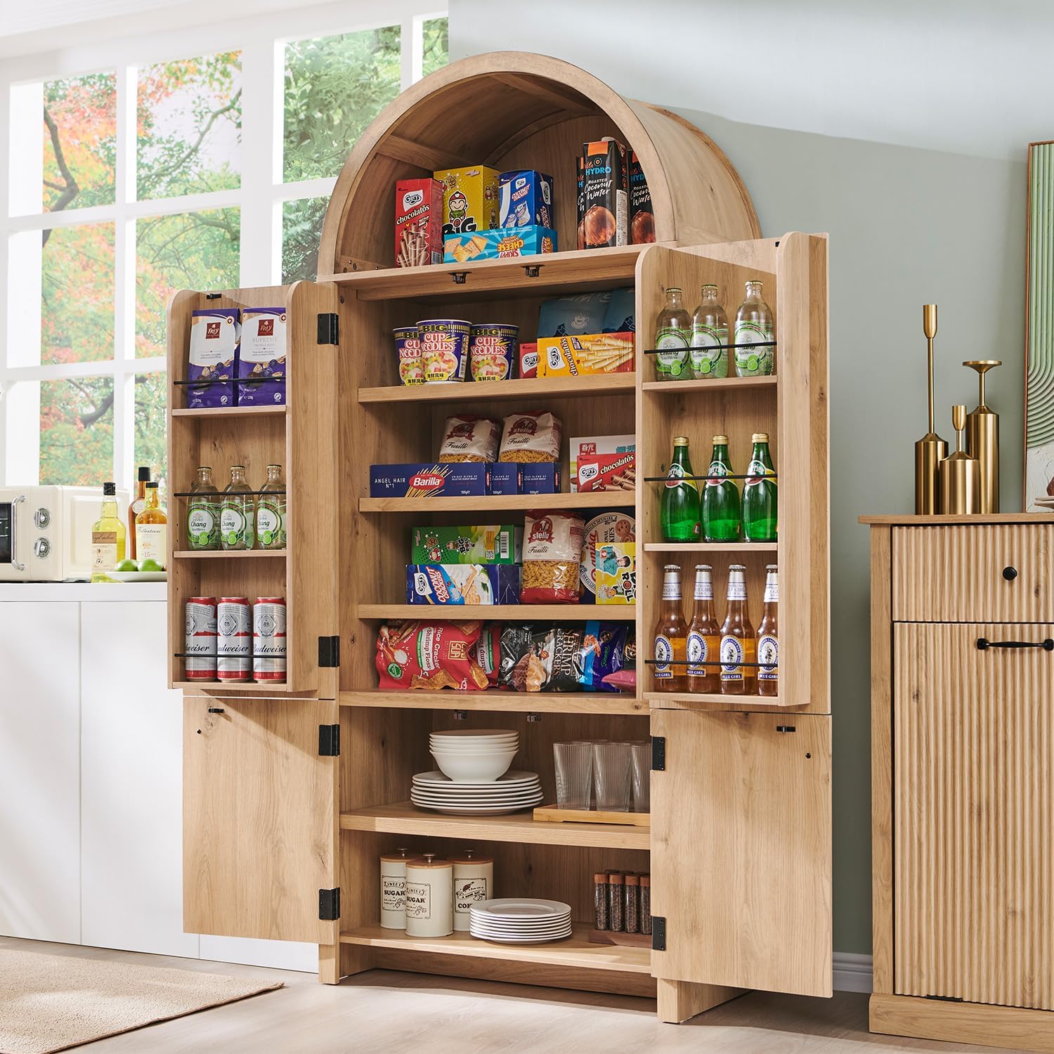 71" Tall Arched Kitchen Pantry, Modern Fluted Wood Storage Cabinet with Doors, 3 Adjustable Shelves, 6 Door Shelves, Organizer, Versatile Cupboard for Kitchen, Bathroom, Natural